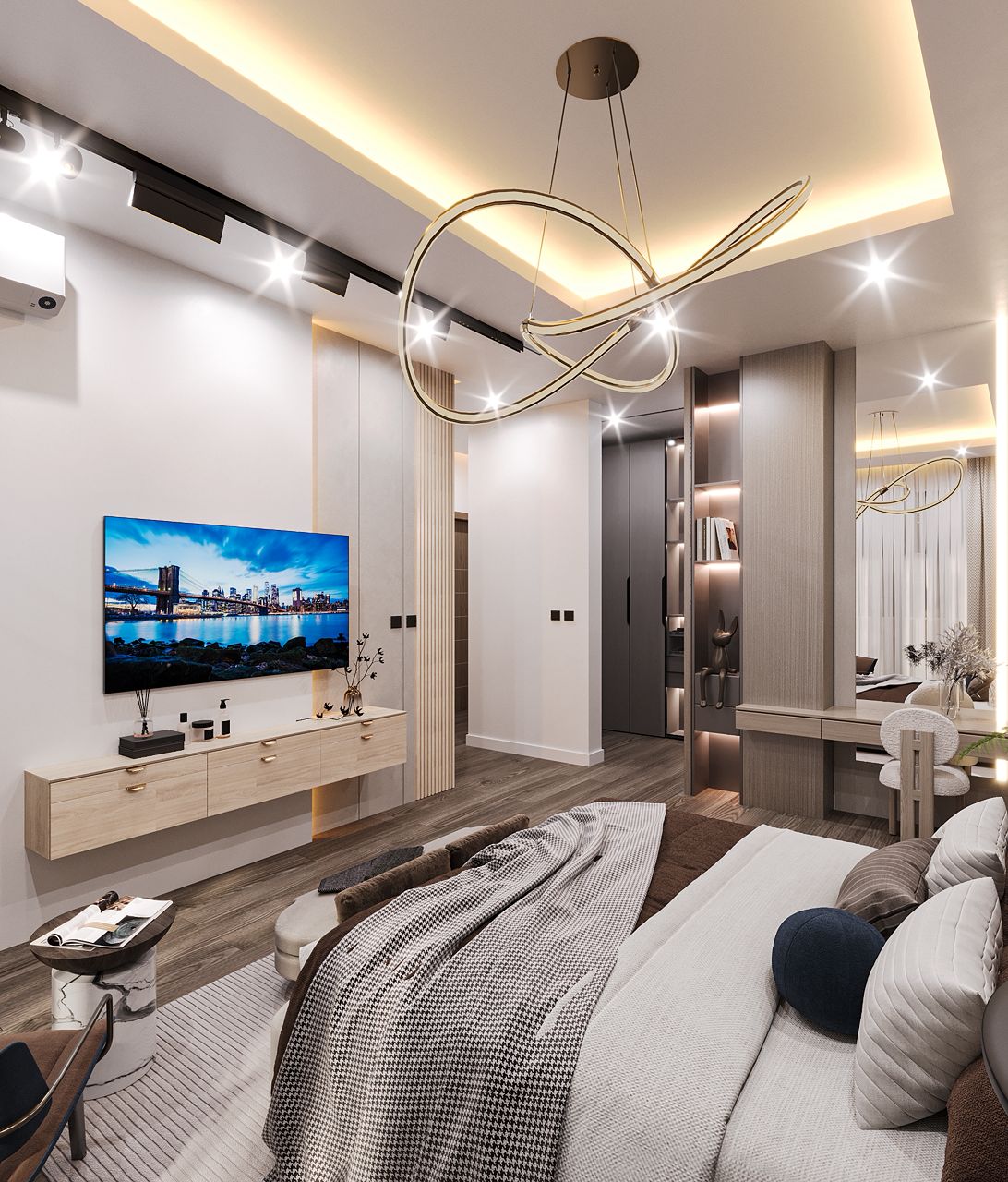 Luxury bedroom with modern ceiling lighting and contemporary design